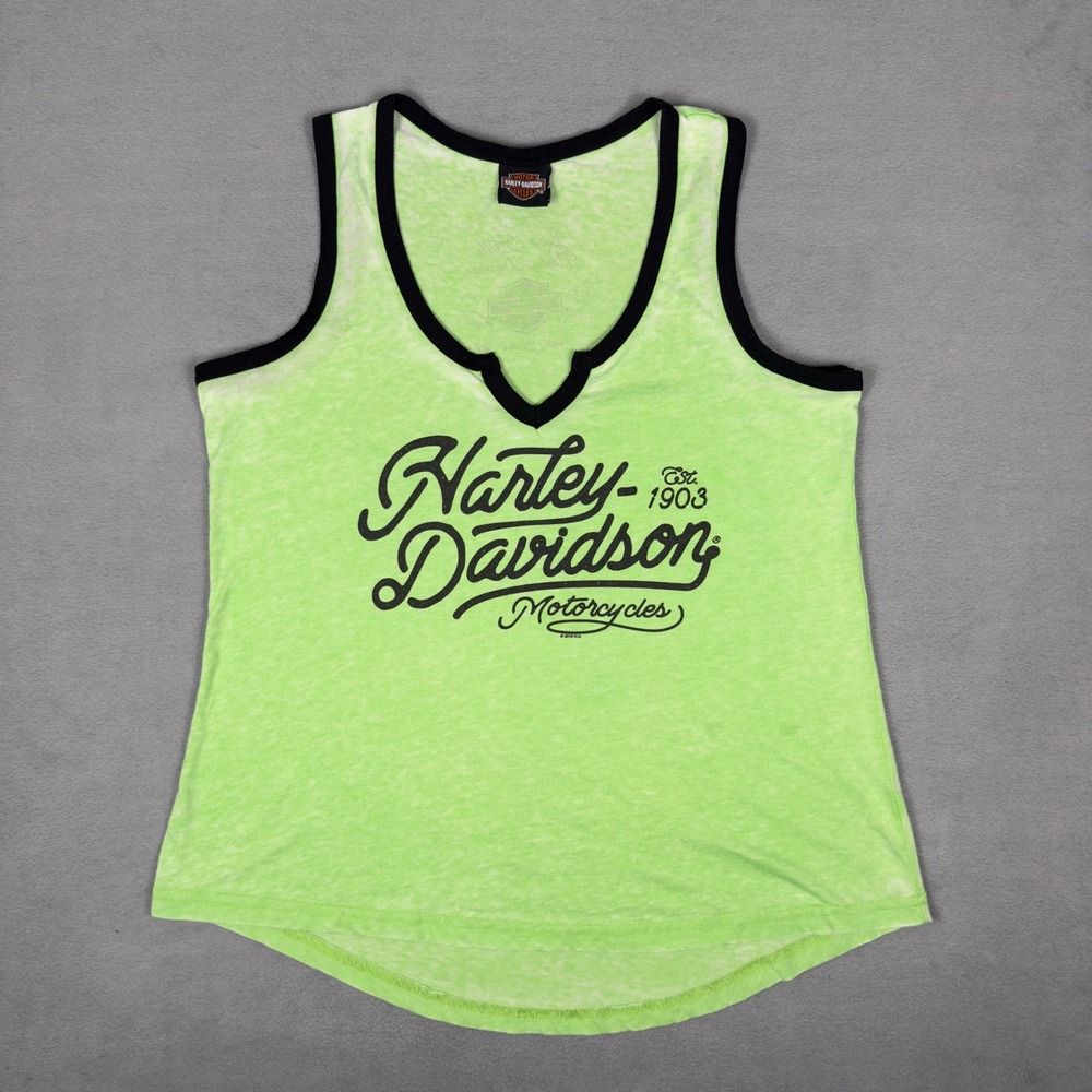 Harley Davidson Loess Hills Pacific Junction IA Neon Green Burnout Tank Top L